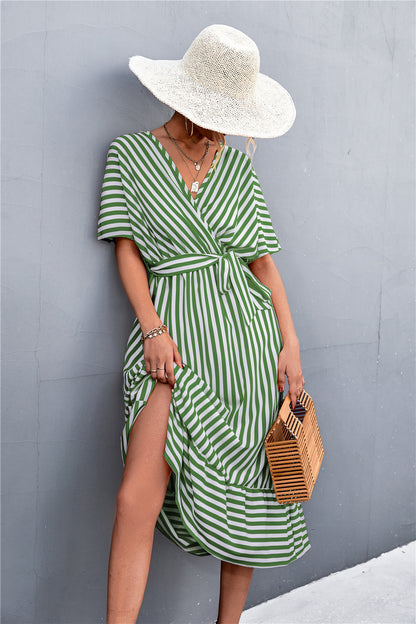 Imported - European And American Spring And Summer New Classic Cross V-neck Lace-up Striped Dress - Hot Selling Product