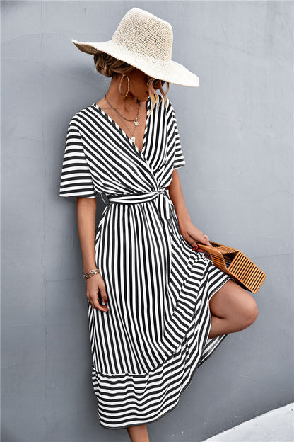 Imported - European And American Spring And Summer New Classic Cross V-neck Lace-up Striped Dress - Hot Selling Product