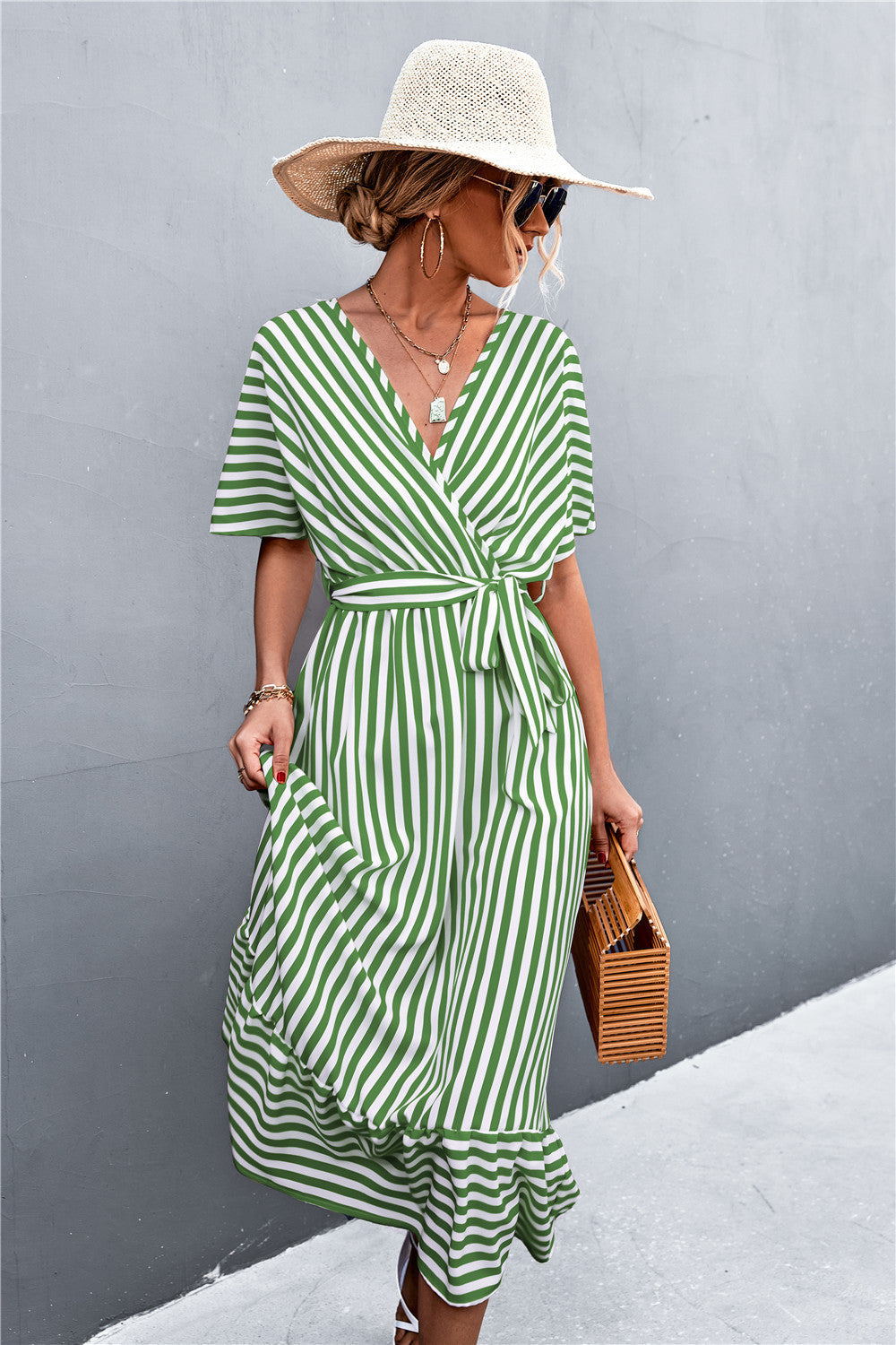 Imported - European And American Spring And Summer New Classic Cross V-neck Lace-up Striped Dress - Hot Selling Product