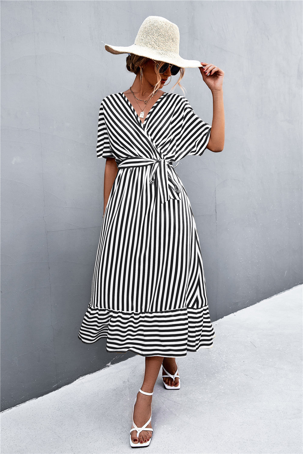 Imported - European And American Spring And Summer New Classic Cross V-neck Lace-up Striped Dress - Hot Selling Product