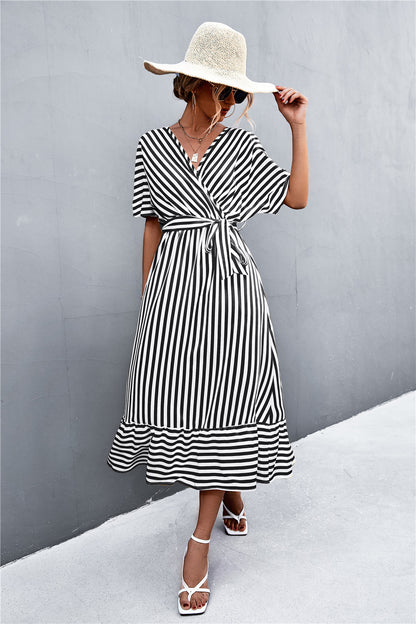 Imported - European And American Spring And Summer New Classic Cross V-neck Lace-up Striped Dress - Hot Selling Product