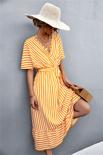 Imported - European And American Spring And Summer New Classic Cross V-neck Lace-up Striped Dress - Hot Selling Product