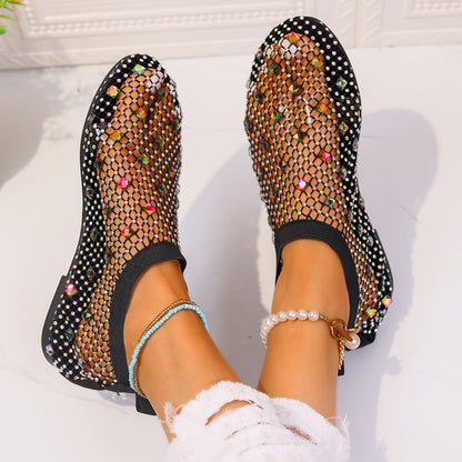 Fashion Mesh Flat Sandals With Colorful Rhinestone Design Summer New Round Toe Beach Shoes For Women