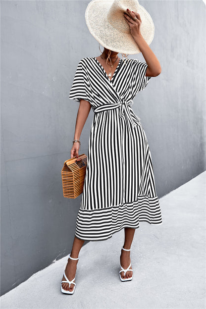 Imported - European And American Spring And Summer New Classic Cross V-neck Lace-up Striped Dress - Hot Selling Product